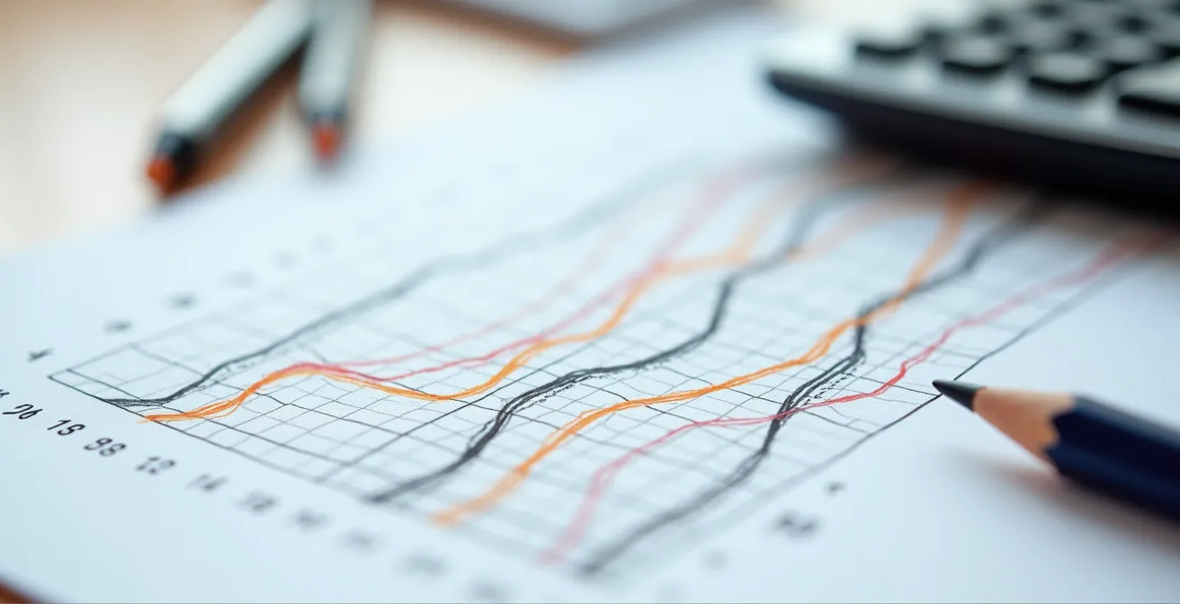 Dettaglio macro di grafici previsionali con pattern di domanda stagionale su carta millimetrata