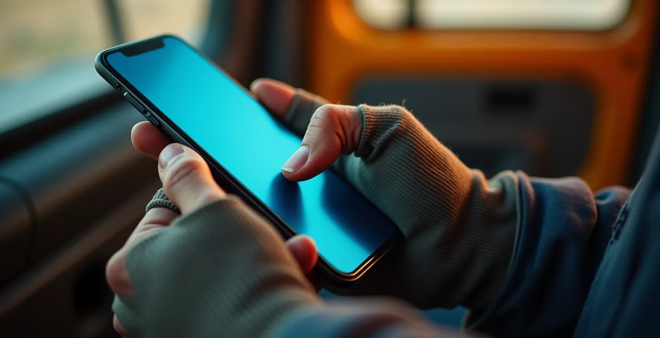 Mano che tiene smartphone mostrando annuncio di lavoro per autisti