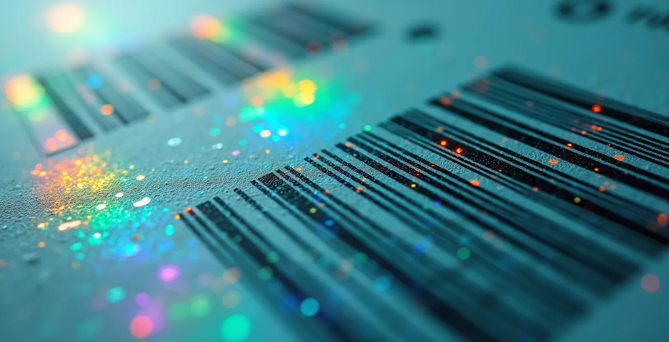 Vista macro di un'etichetta di spedizione astratta con codici a barre stilizzati e circuiti digitali