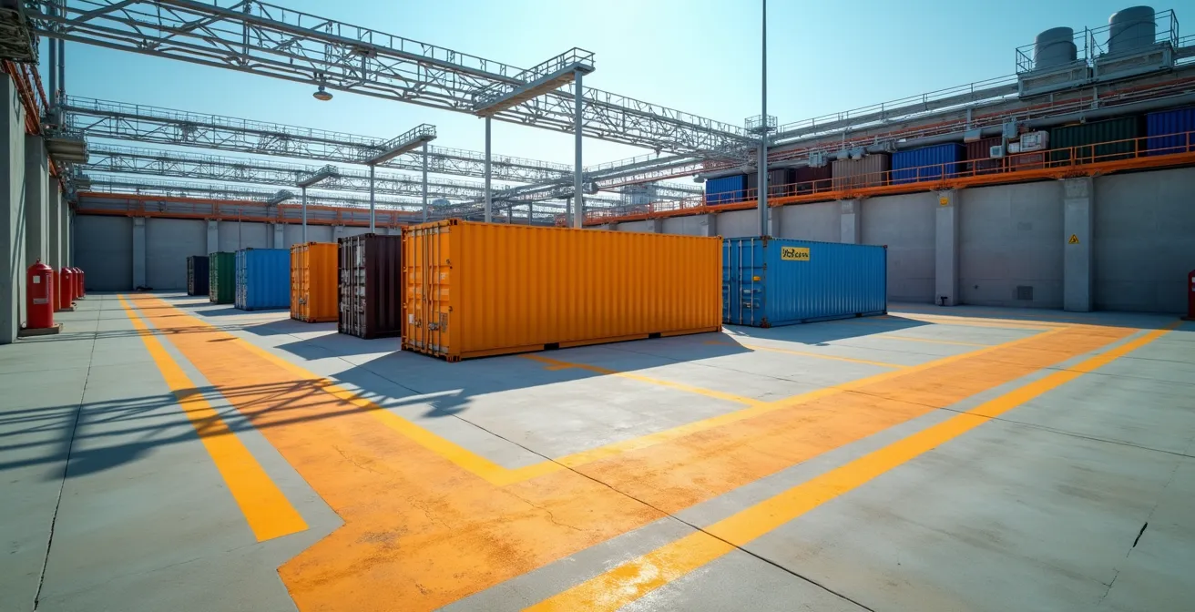 Vista aerea di un'area dedicata IMO con sistemi antincendio e bacini di contenimento in un terminal portuale