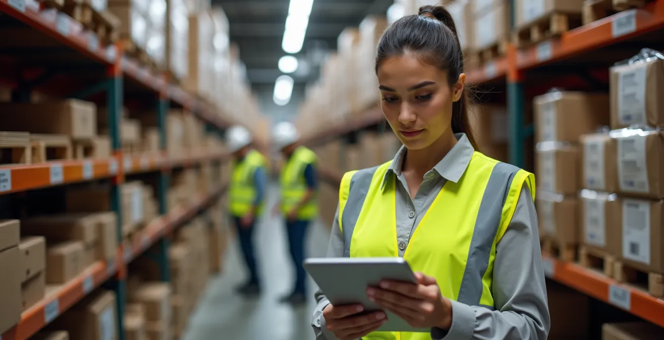 Responsabile qualità che ispeziona un centro di smistamento con tablet per audit digitale