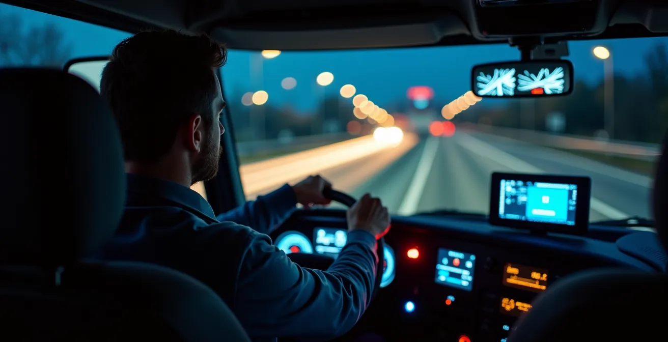 Vista dall'interno della cabina di un camion durante la guida notturna con sistemi di sicurezza attivi
