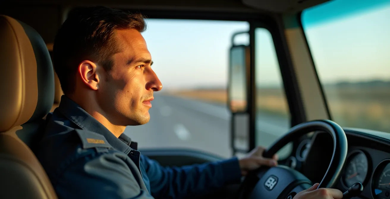 Autista professionista concentrato al volante del camion durante la guida