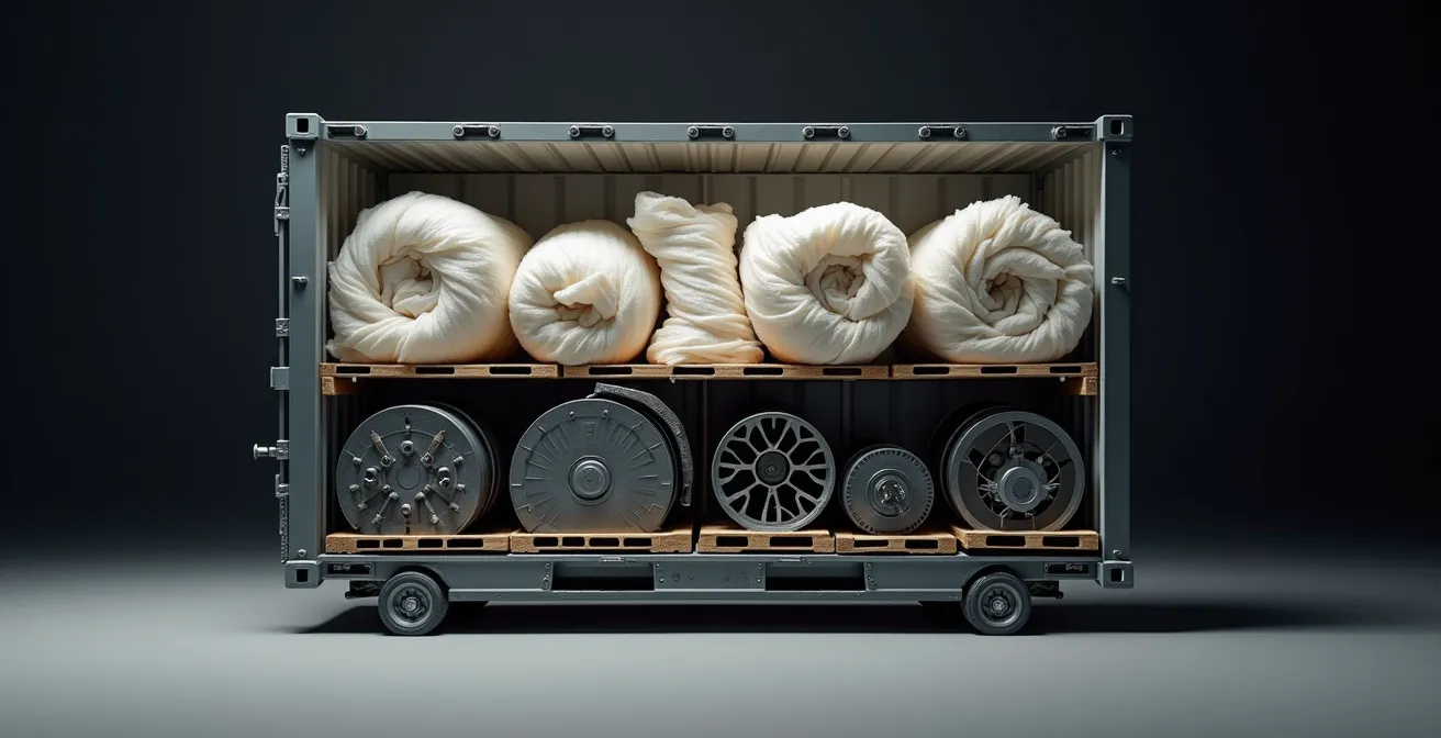 Vista laterale di un ULD con merci pesanti alla base e voluminose nella parte superiore