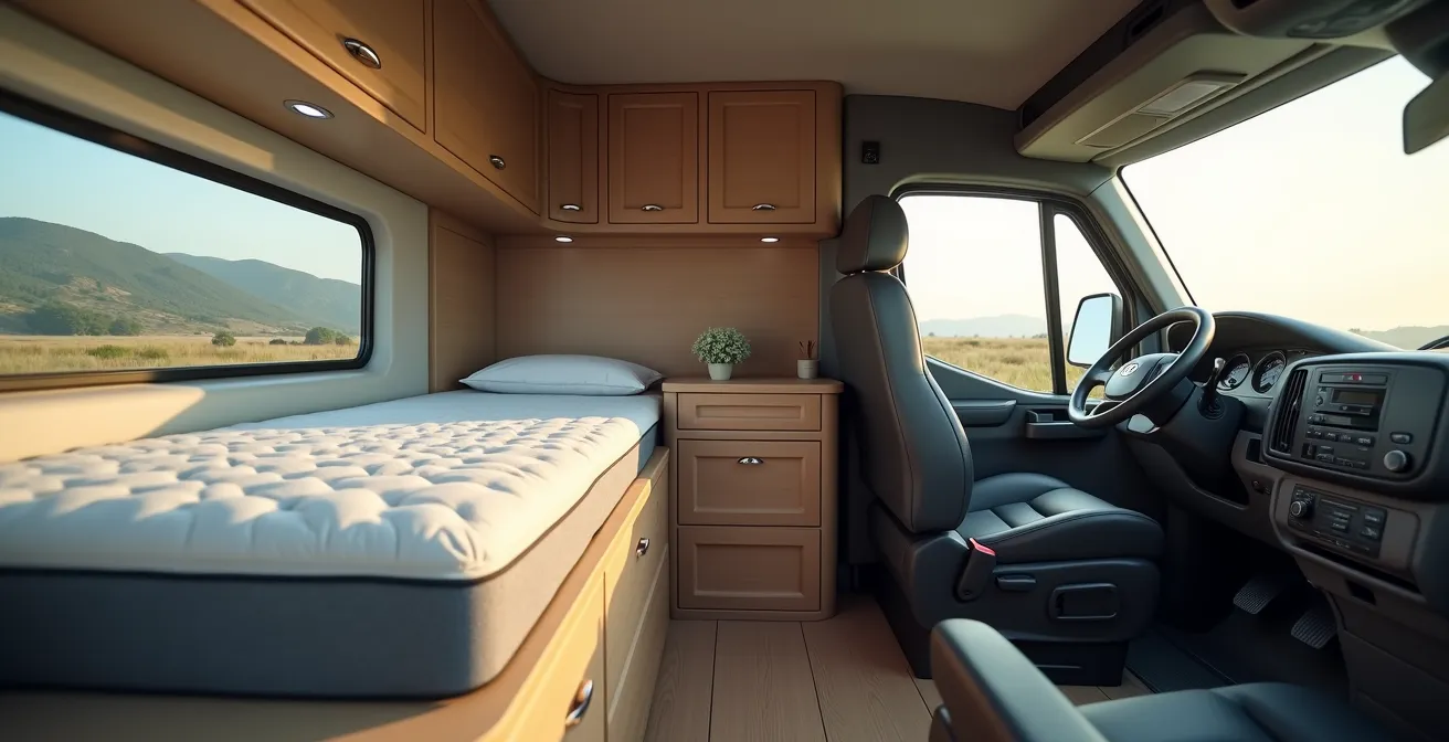 Interno spazioso di cabina camion premium con comfort avanzato