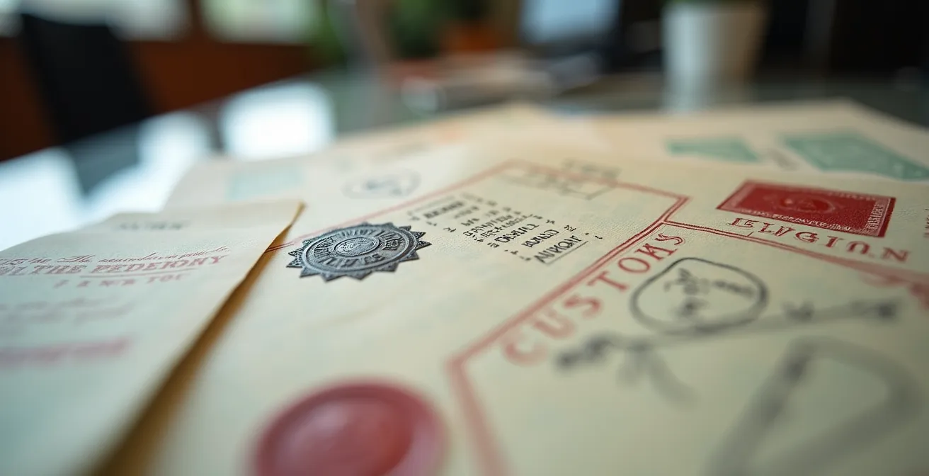 Primo piano di documenti doganali con timbri ufficiali su una scrivania professionale