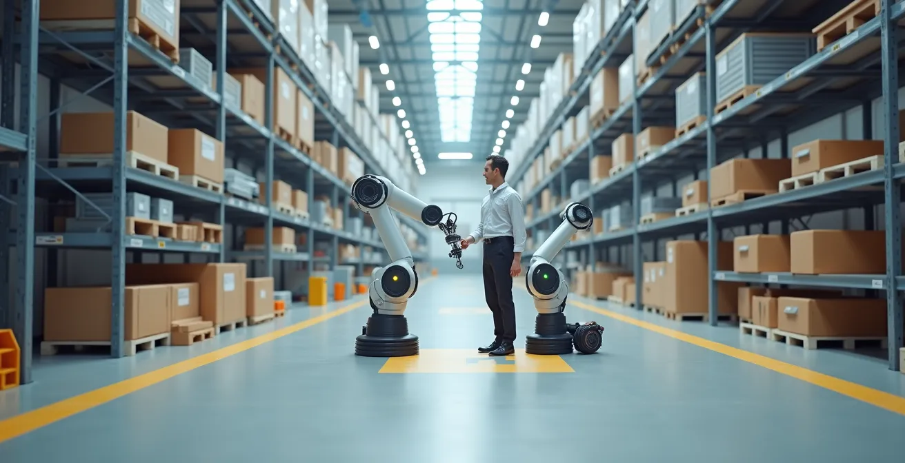 Robot collaborativo e operatore umano lavorano insieme in zona picking condivisa