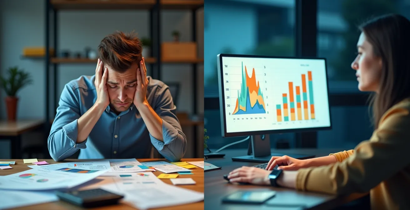 Ufficio diviso a metà mostra contrasto tra gestione manuale e digitale dei trasporti