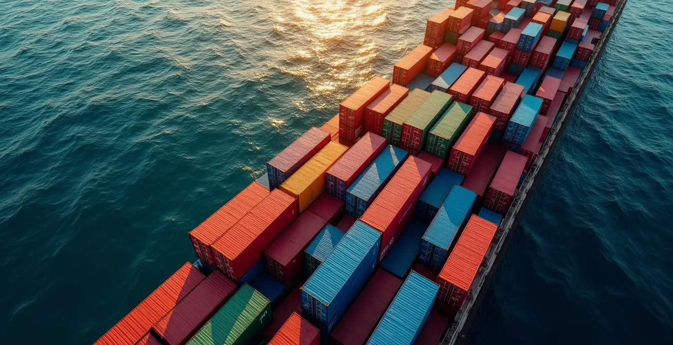 Vista dall'alto di una nave portacontainer con container colorati disposti geometricamente