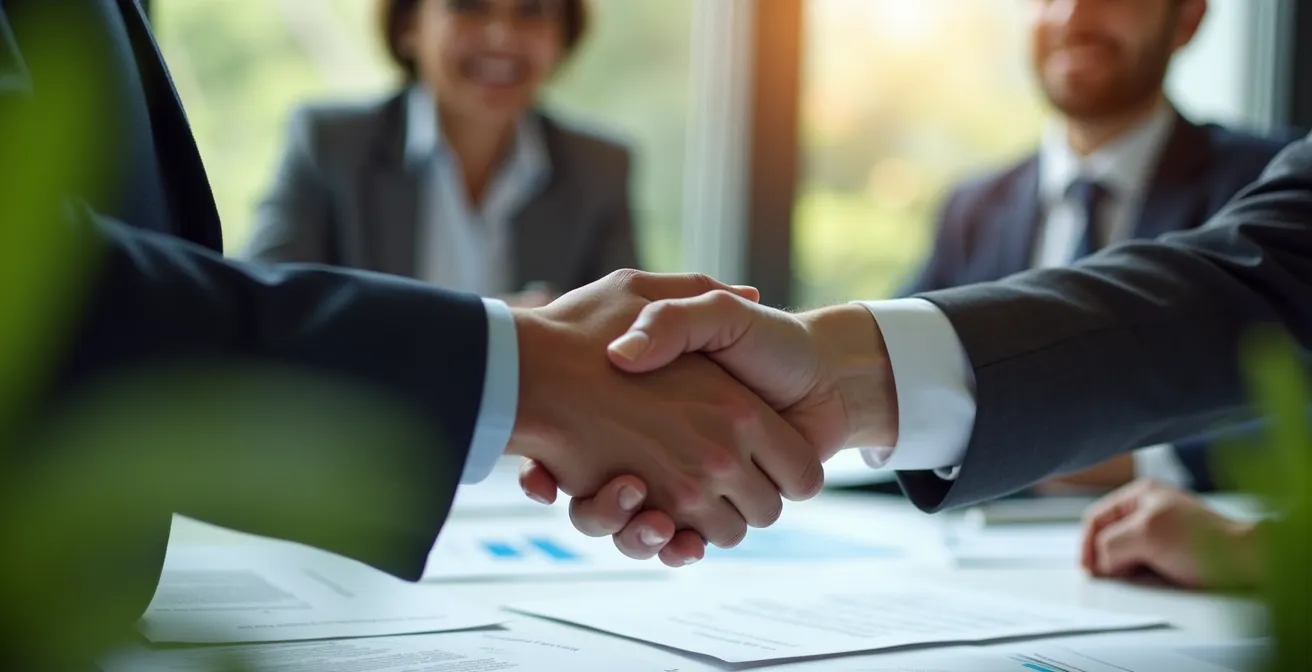 Mani di professionisti che si stringono sopra documenti con elementi naturali, simboleggiando accordi etici