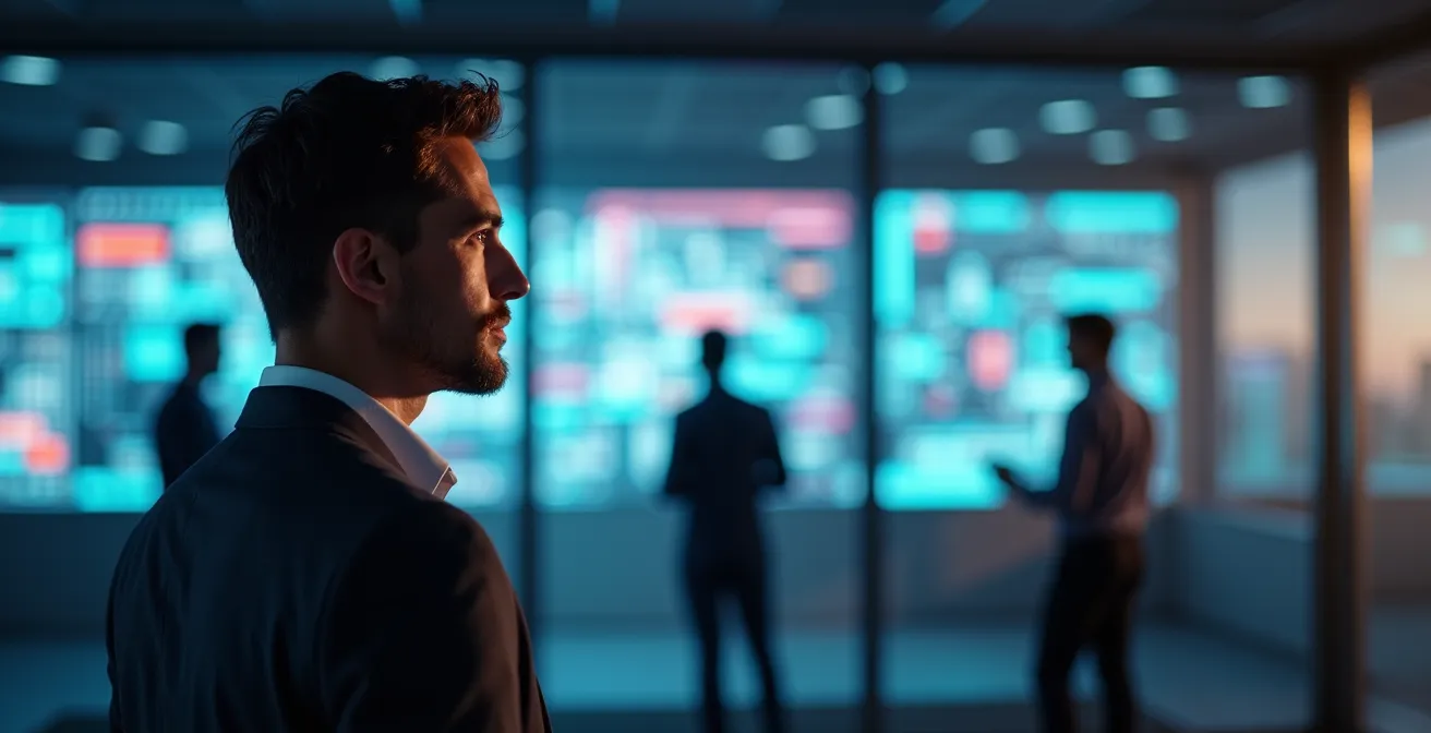 Centro di controllo logistico moderno con operatori che gestiscono la transizione