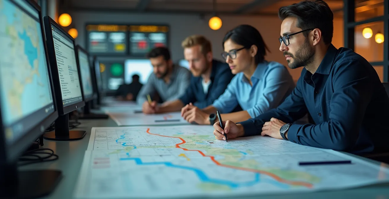 Sala controllo logistica con operatori che monitorano l'equità nella distribuzione dei percorsi