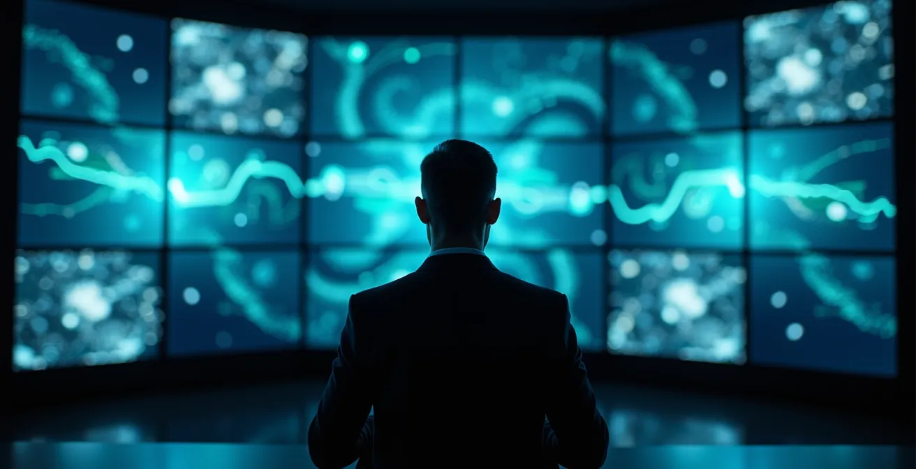 Centro di controllo logistico con dashboard multilivello che mostra KPI e flussi di dati in tempo reale