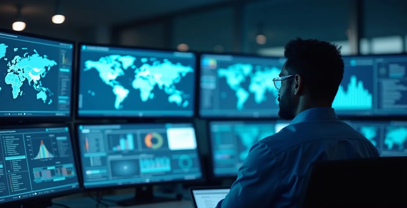 Sala controllo con operatore che monitora dashboard digitale delle emissioni della flotta