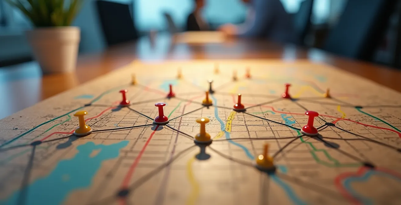 Dashboard digitale mostra mappa urbana con percorsi ottimizzati e punti di consegna multipli