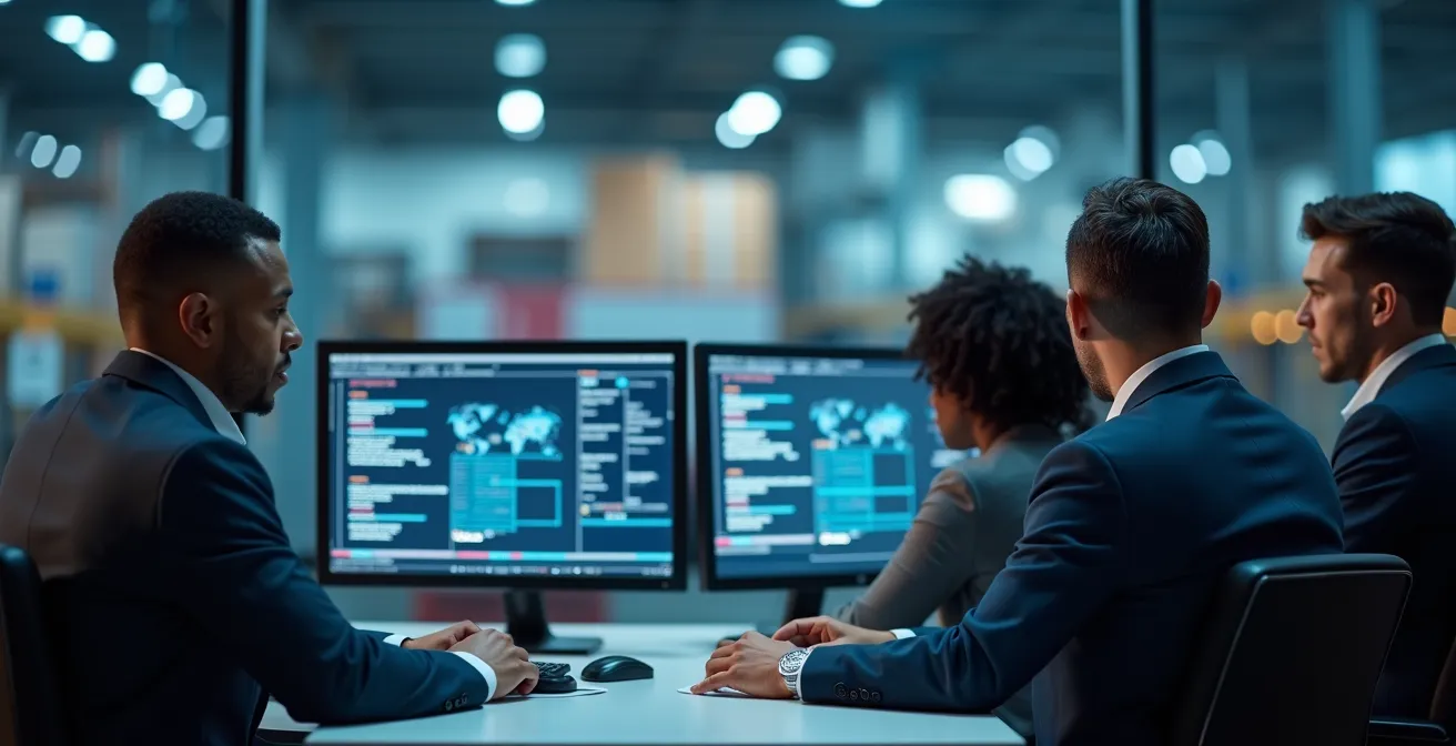Centro di controllo logistico con operatori che analizzano simulazioni digitali della rete distributiva su schermi sfocati