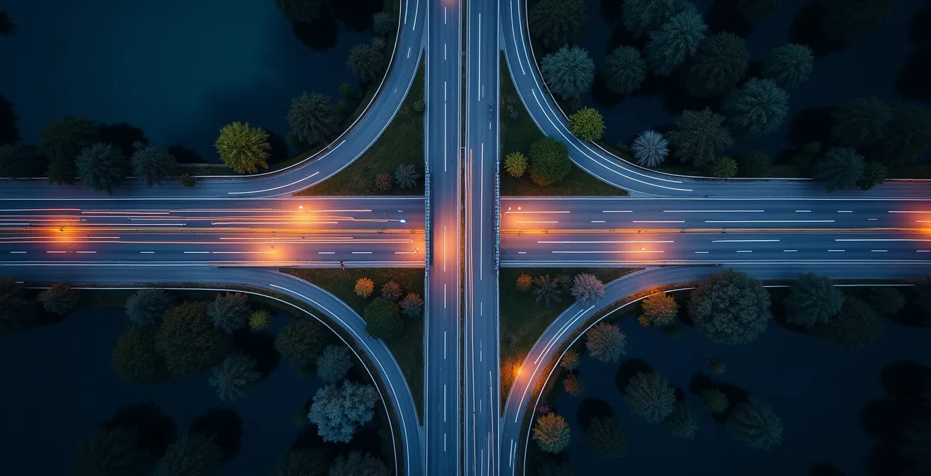 Vista aerea di percorso camion con zone di privacy evidenziate in modo astratto