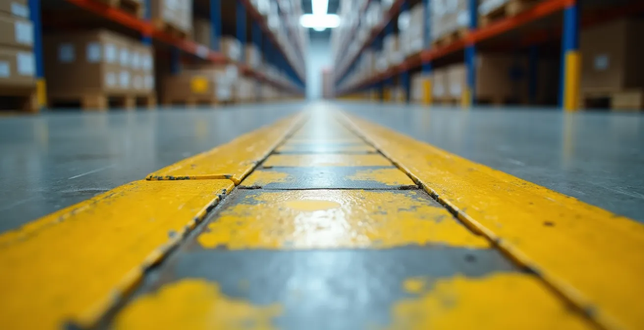 Vista aerea di magazzino con percorsi ottimizzati evidenziati e zone di smistamento dinamico