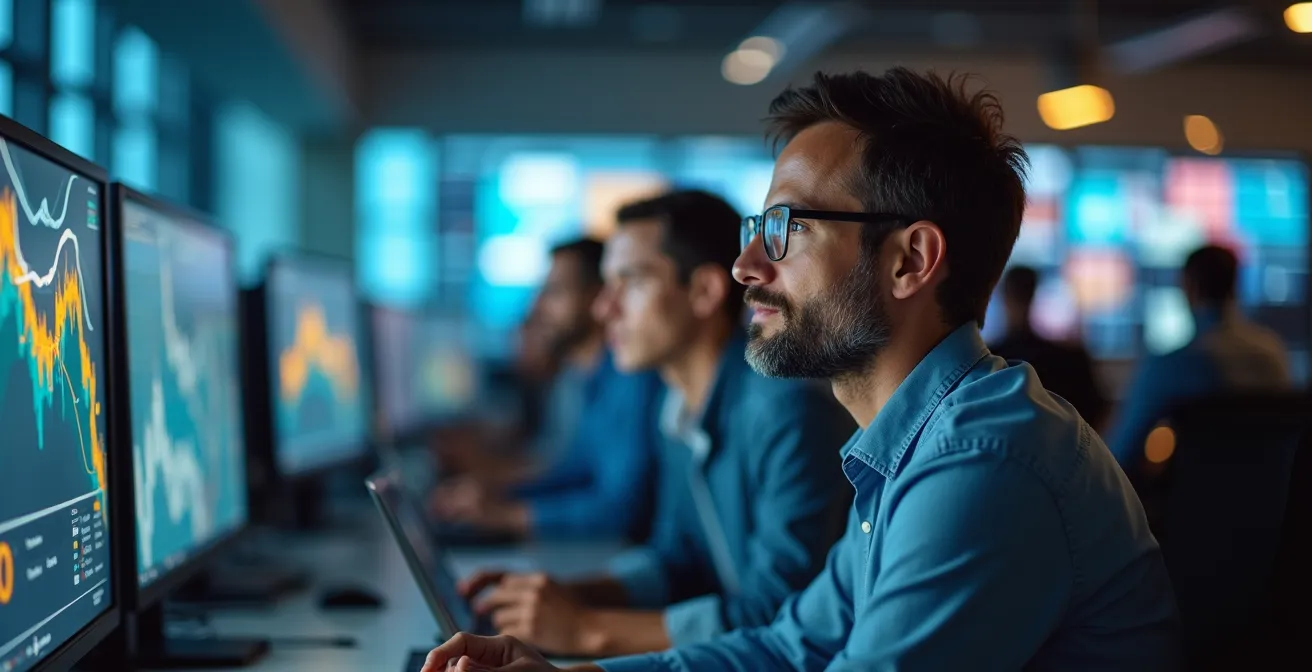 Centro di controllo logistico con operatori che monitorano flussi di merci su schermi sfocati