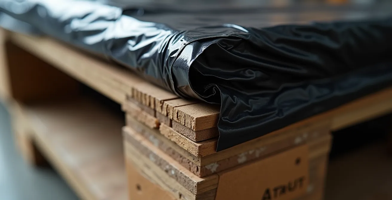 Dettaglio macro di pallet protetto con angolari e film estensibile nero