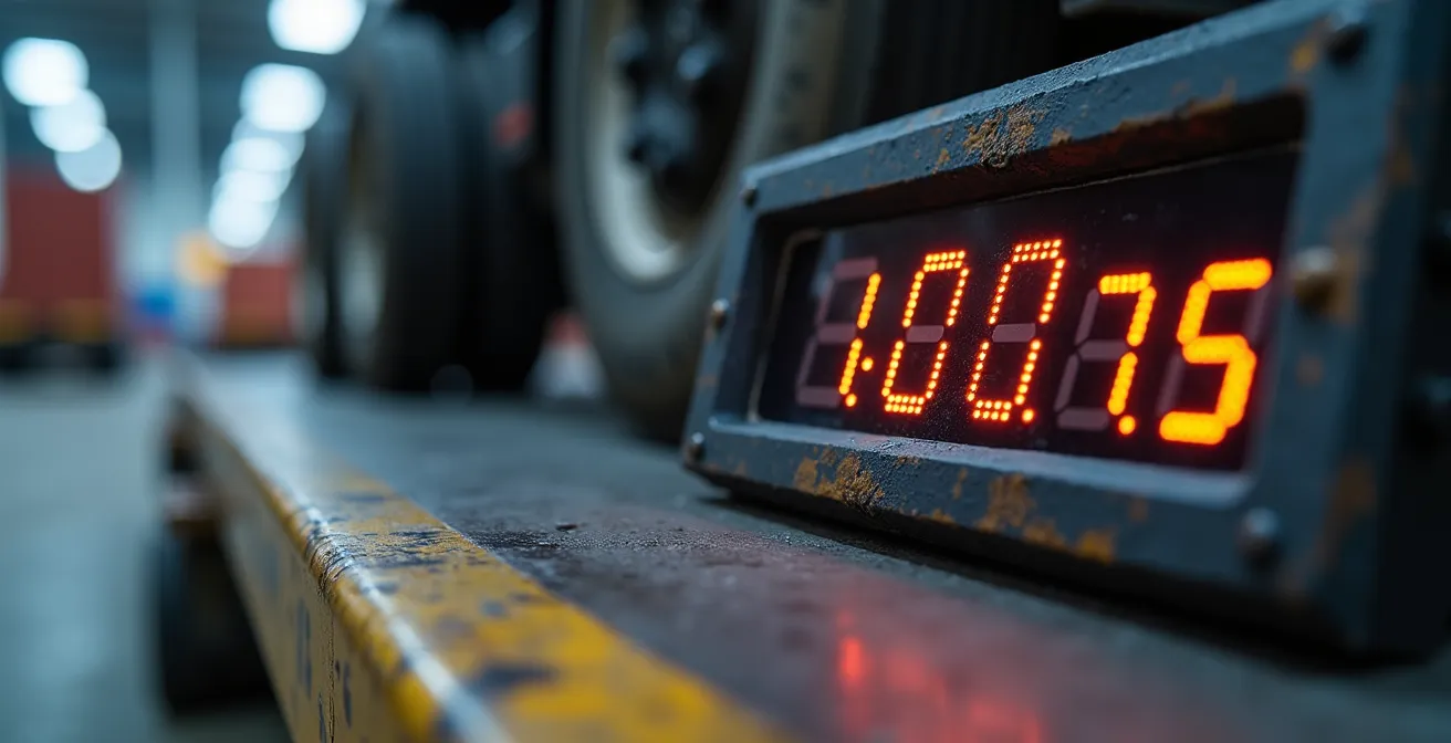 Container su autocarro in fase di pesatura presso una stazione di pesaggio portuale