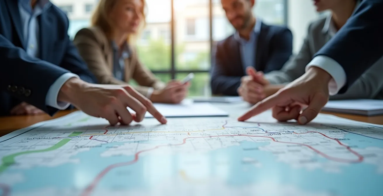 Team logistico che analizza mappe ferroviarie e flussi di trasporto su schermo