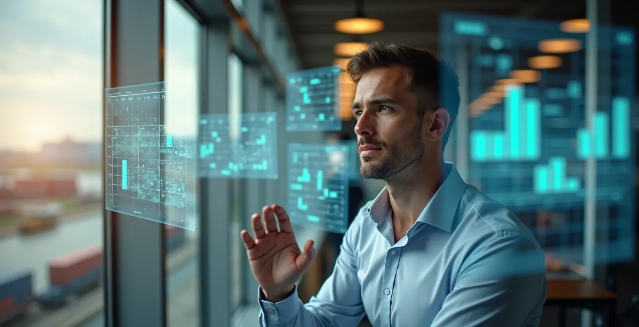 Calendario visuale con timeline di prenotazione cargo per prodotti tecnologici