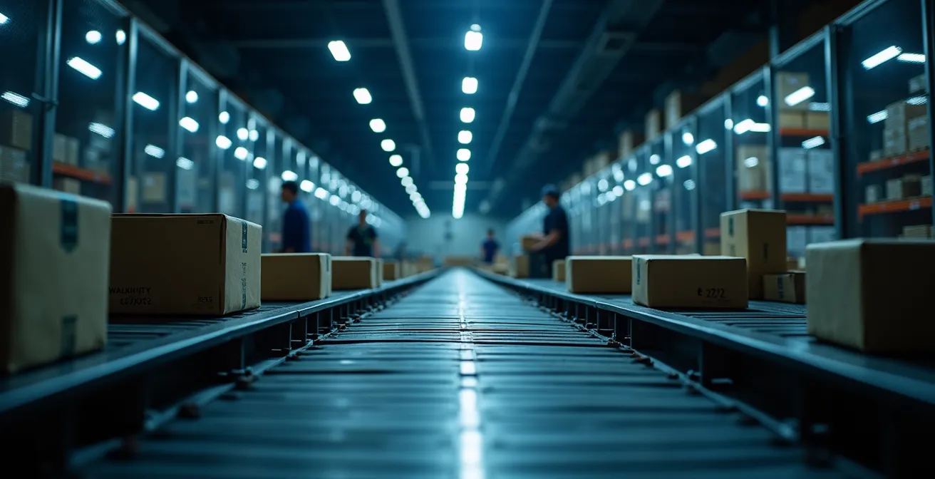 Magazzino automatizzato in funzione di notte con sistemi di smistamento veloce