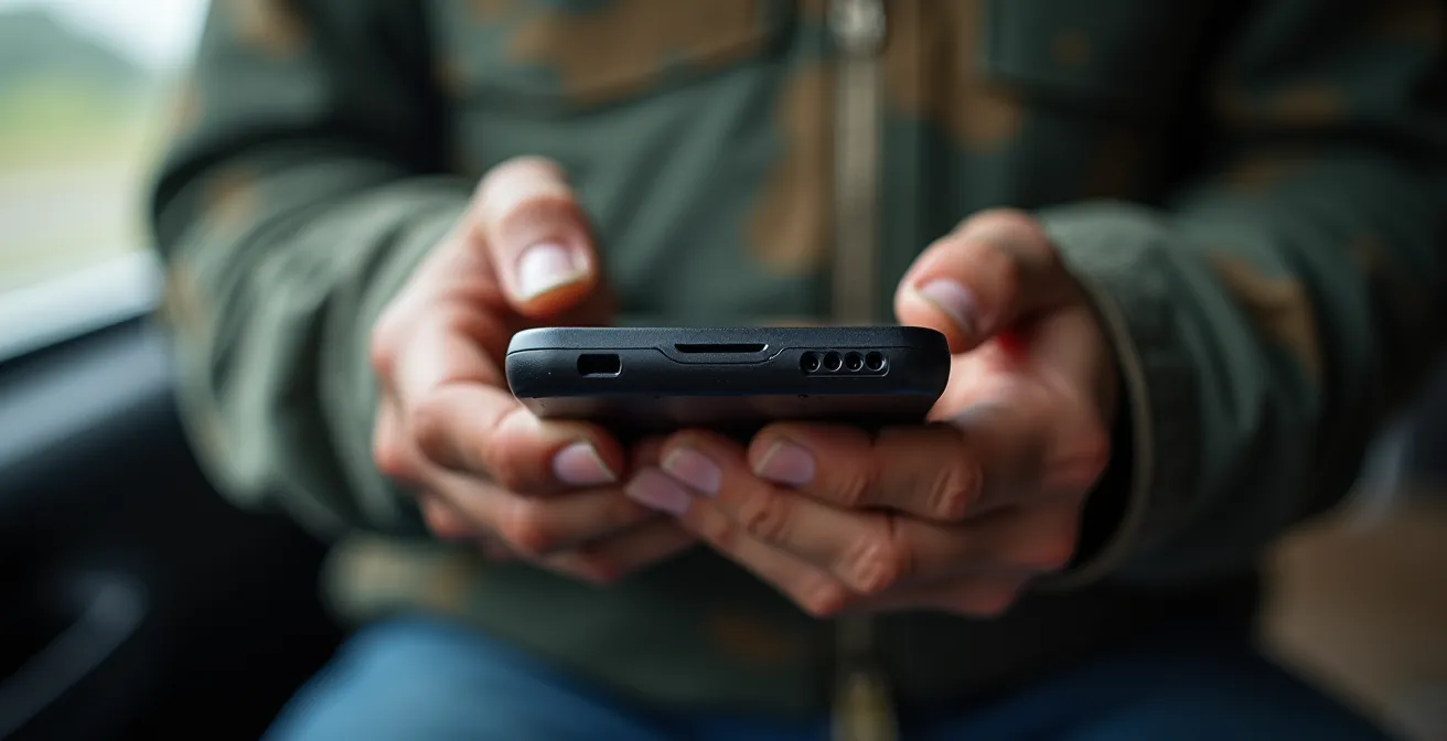 Dettaglio ravvicinato di mani di un autista che utilizzano un dispositivo mobile per raccogliere prove di consegna digitali, come foto e note.