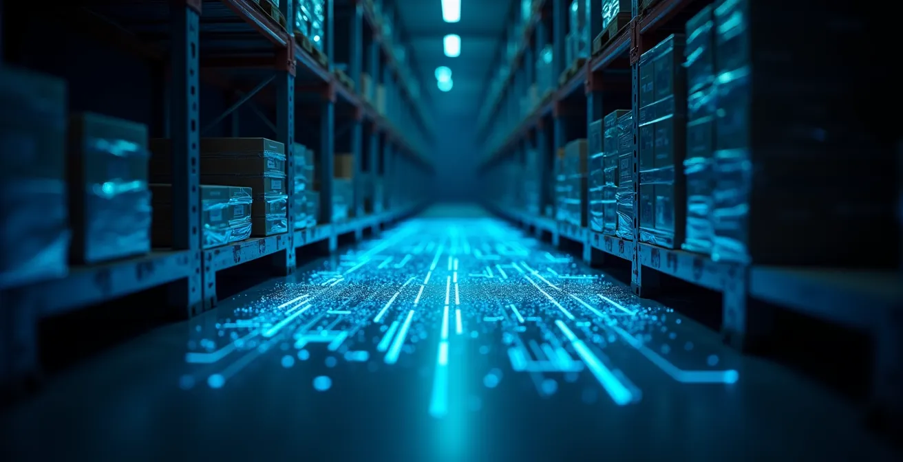 Drone con lettore RFID che effettua inventario notturno tra scaffalature alte