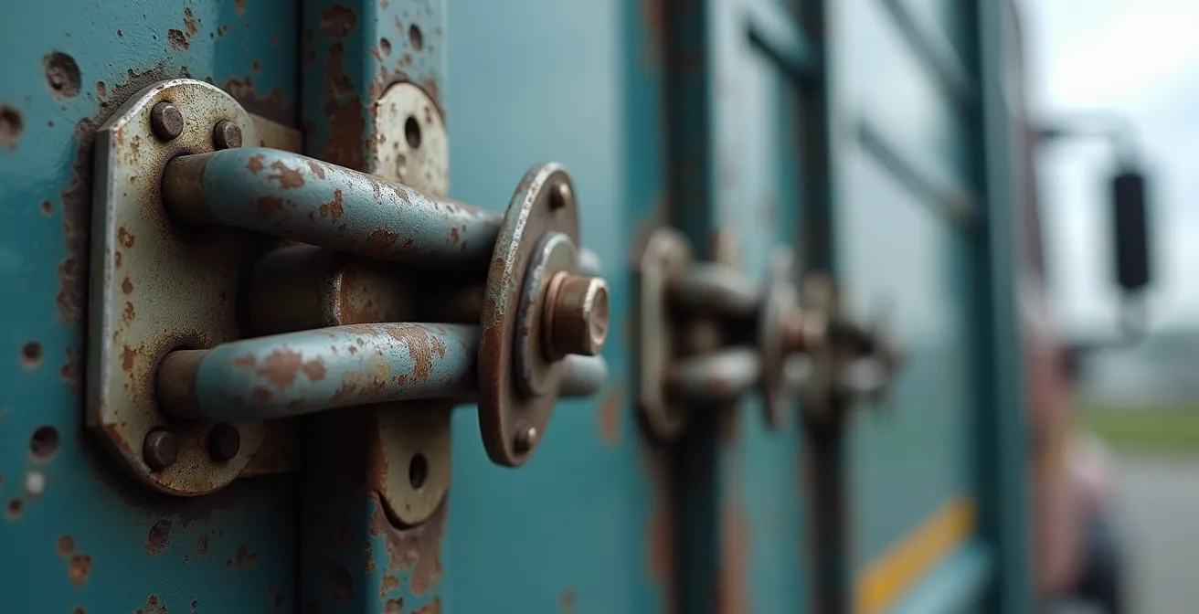 Dettaglio ravvicinato di un sistema di sigillatura multiplo su portellone di camion