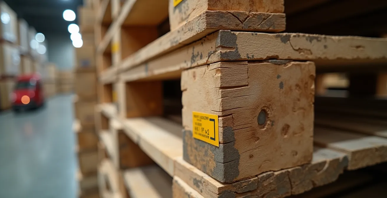 Schema di un sistema di pallet in pooling con tag RFID per tracciabilità, simbolo di economia circolare.