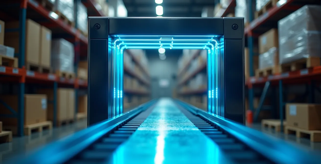 Varco RFID automatico in un magazzino industriale per la lettura massiva dei tag