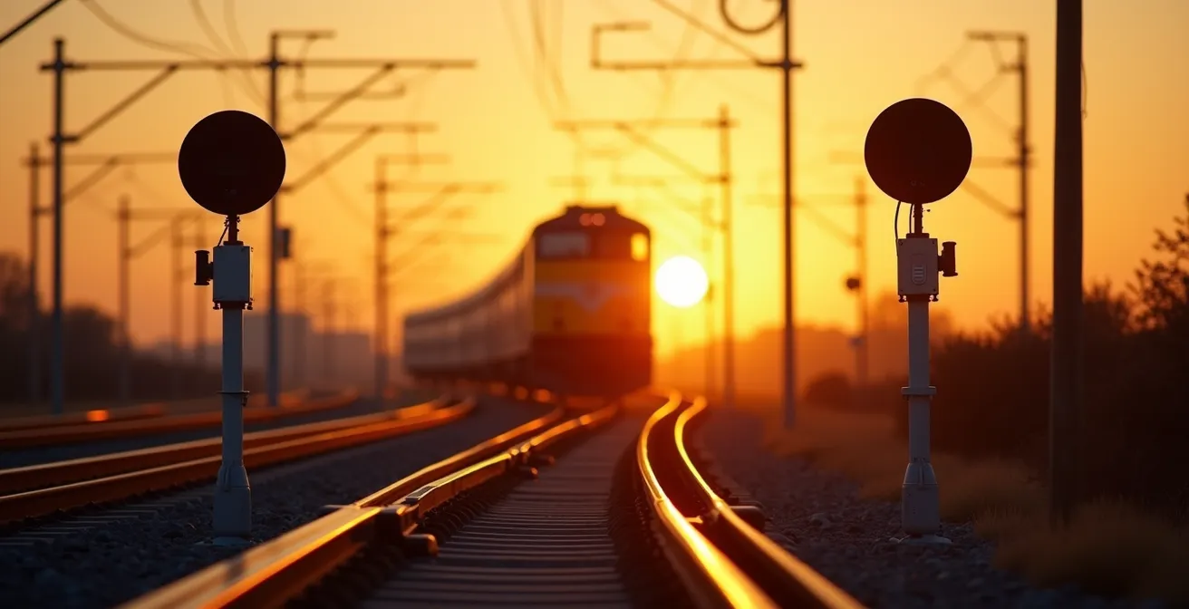 Sistema di rilevamento termico installato lungo i binari ferroviari al tramonto