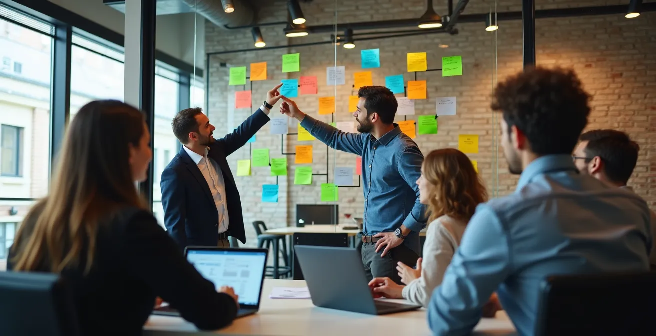 Team di professionisti che collaborano su una grande mappa di processo utilizzando note adesive colorate e diagrammi di flusso