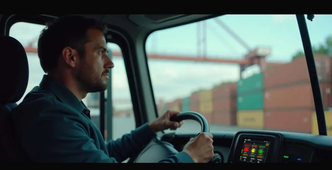 Vista dall'alto di camion in fila ordinata presso gate automatizzati del terminal container