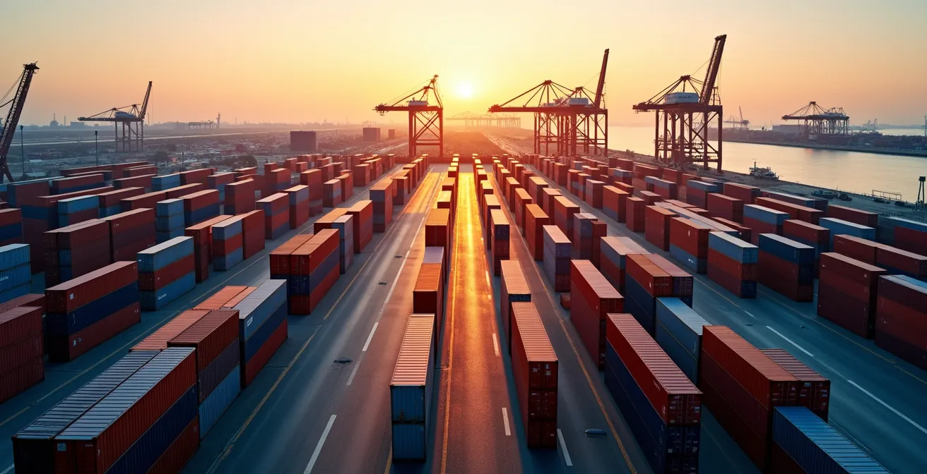 Vista aerea di un terminal portuale con container organizzati in file ordinate