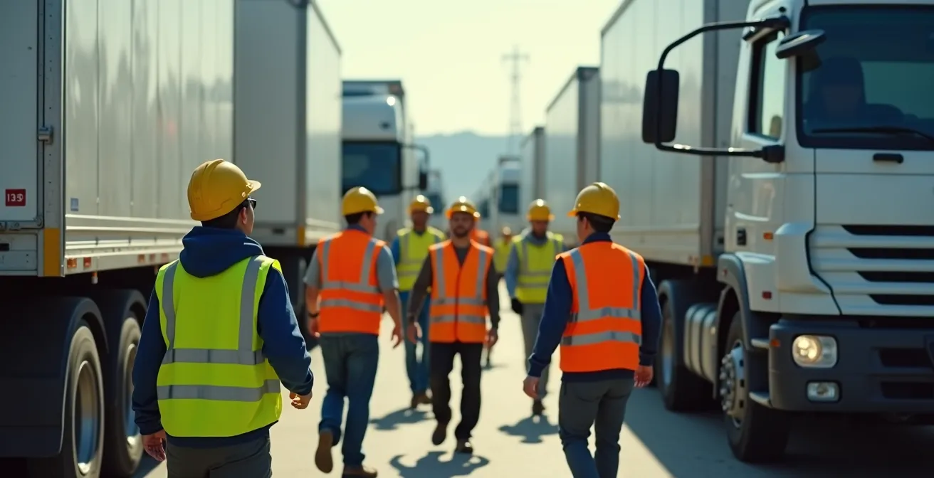 Operazione di trasbordo merci con camion refrigerati visti dall'alto