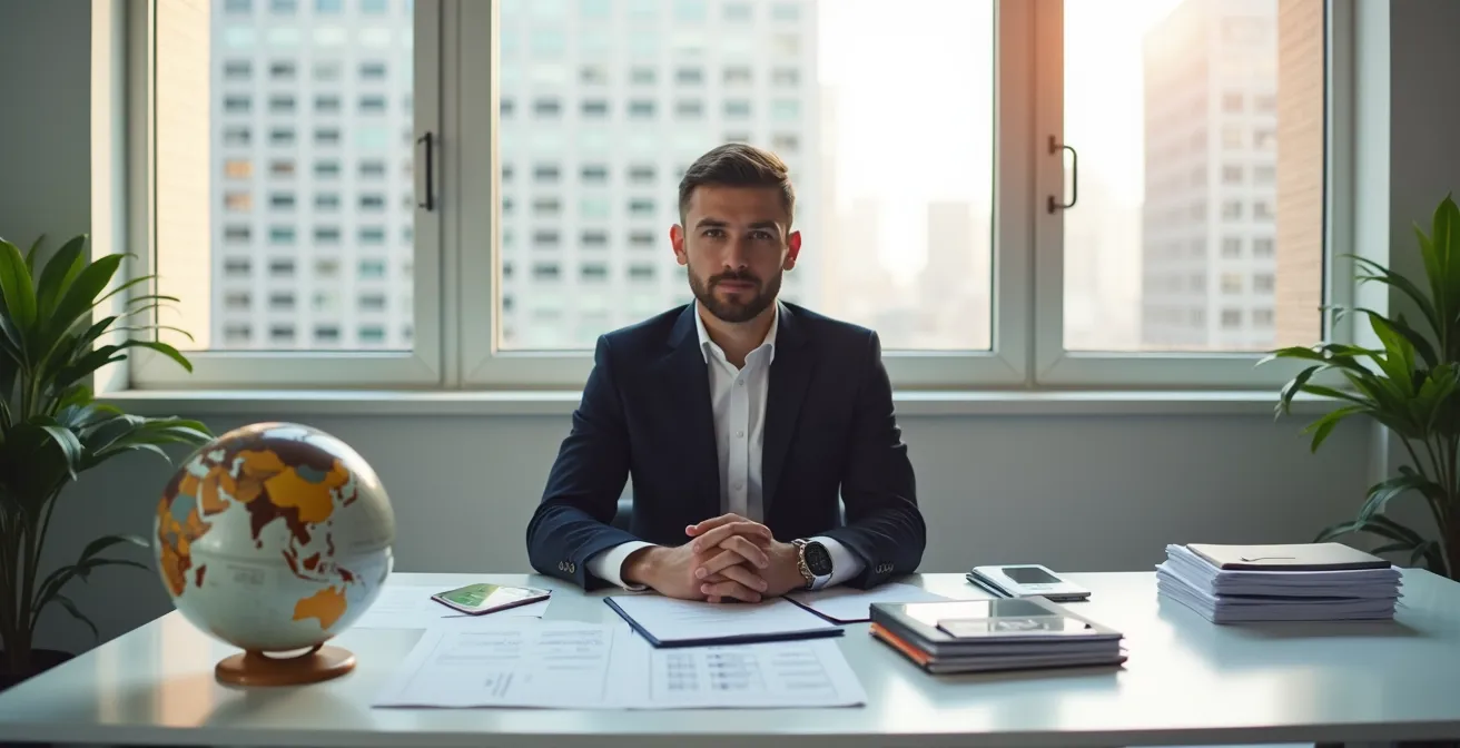 Imprenditore al lavoro in un piccolo ufficio moderno con vista sulla città, organizzando documenti di esportazione